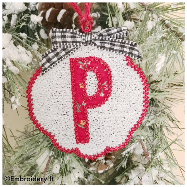 Applique monogram Christmas ornament and gift tag on FSL embroidery design
