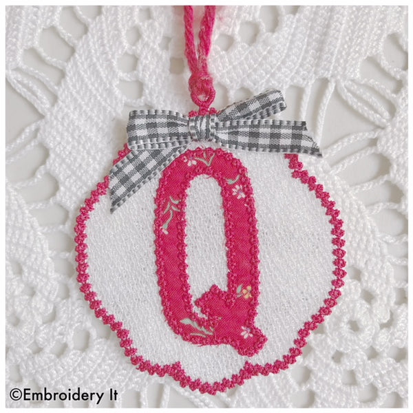 Free standing lace gift tag and Christmas ornament with monogram applique