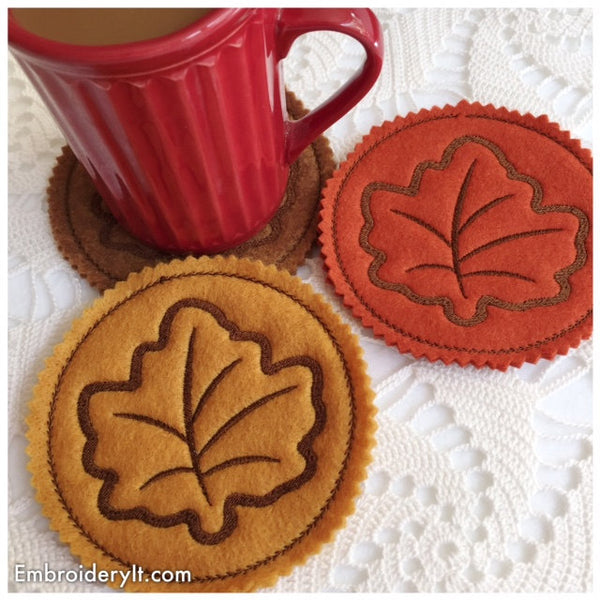 Machine embroidery fall maple leaf coaster