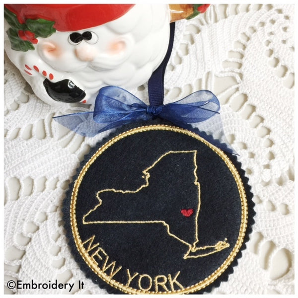 Machine embroidery New York in the hoop Christmas ornament design