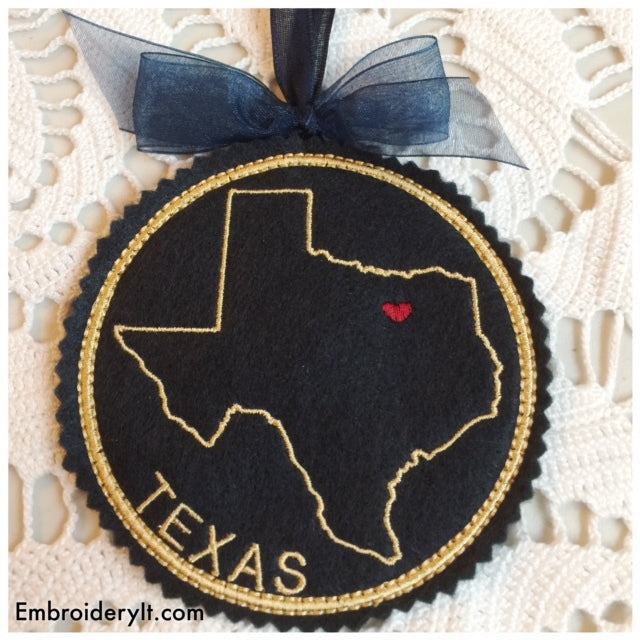 Machine embroidery Texas Christmas ornament and coaster in the hoop design