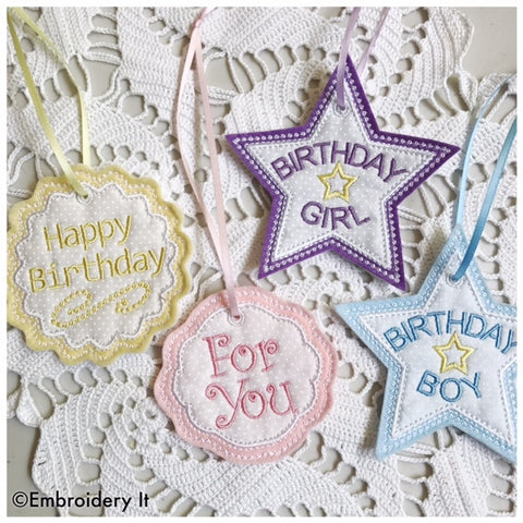 Machine embroidery applique birthday tag set