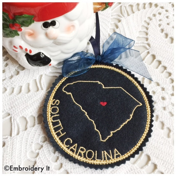 in the hoop South Carolina machine embroidery Christmas ornament pattern