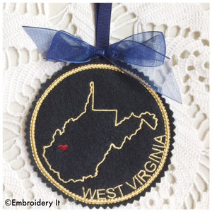 Machine embroidery in the hoop West Virginia Christmas ornament design