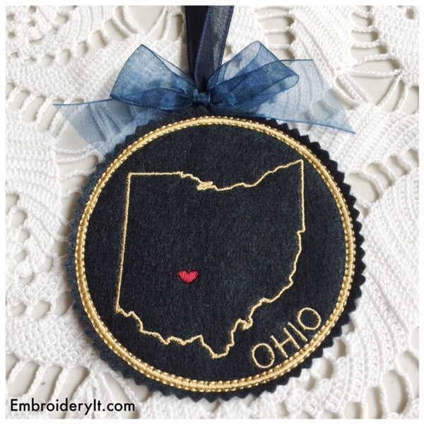Ohio in the hoop machine embroidery Christmas ornament design