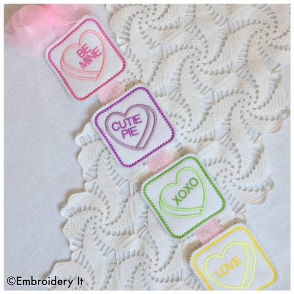 in the hoop machine embroidery candy hearts pattern