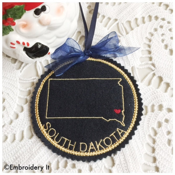 South Dakota in the hoop machine embroidery Christmas ornament