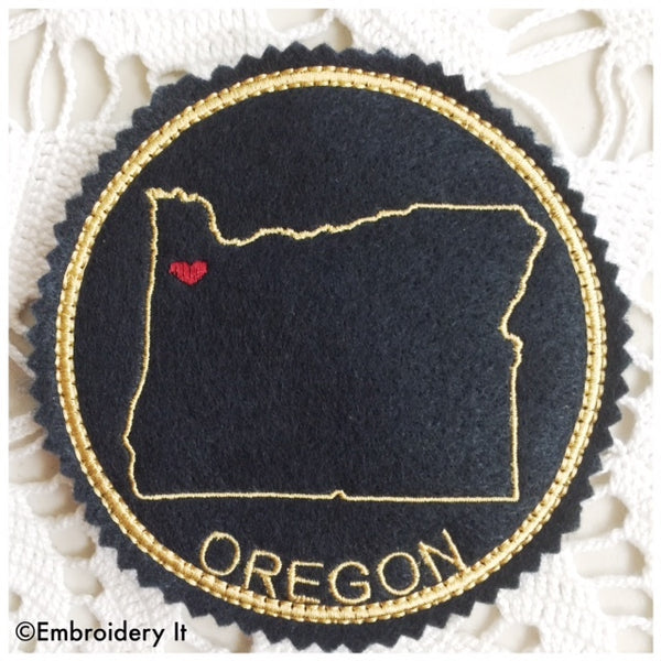 Machine embroidery in the hoop Oregon coaster pattern