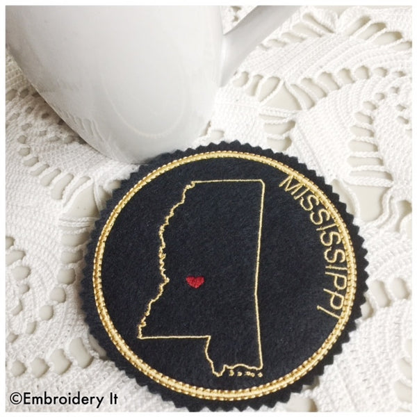 Machine embroidery Mississippi coaster