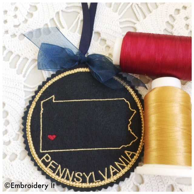 Machine embroidery Pennsylvania Christmas ornament design made in the hoop