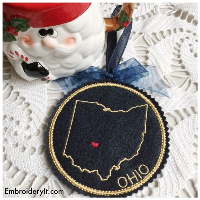 Machine Embroidery in the hoop Ohio Christmas Ornament design