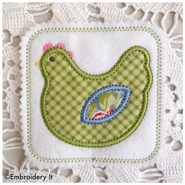 Applique chicken coaster in the hoop machine embroidery design