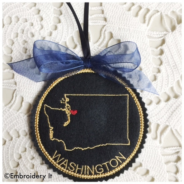 machine embroidery Washington state in the hoop Christmas ornament design