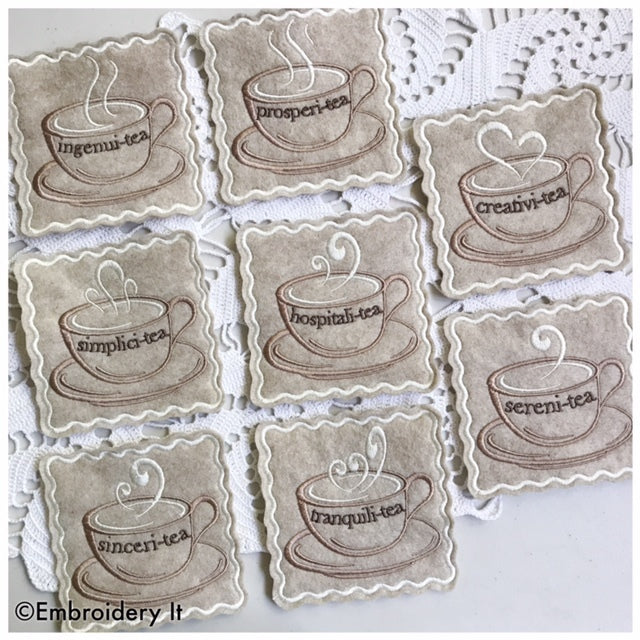 machine embroidery in the hoop teacup coasters
