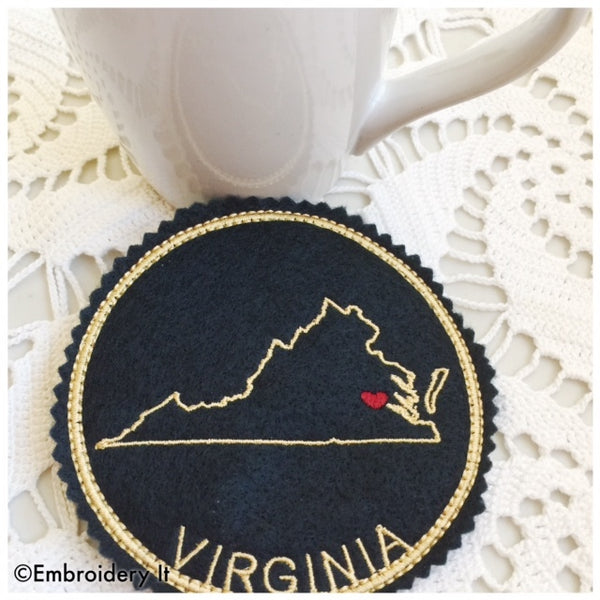Virginia in the hoop machine embroidery coaster design