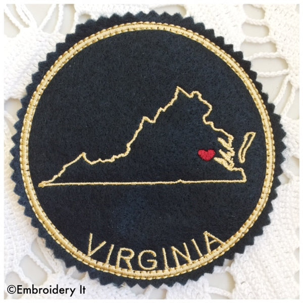 in the hoop Virginia machine embroidery coaster design