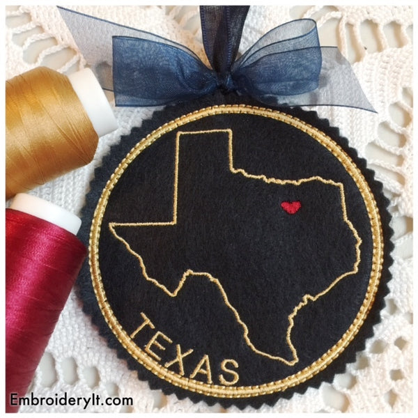 Texas machine embroidery in the hoop Christmas ornament and coaster