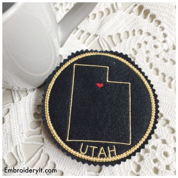 Machine embroidery Utah in the hoop coaster pattern