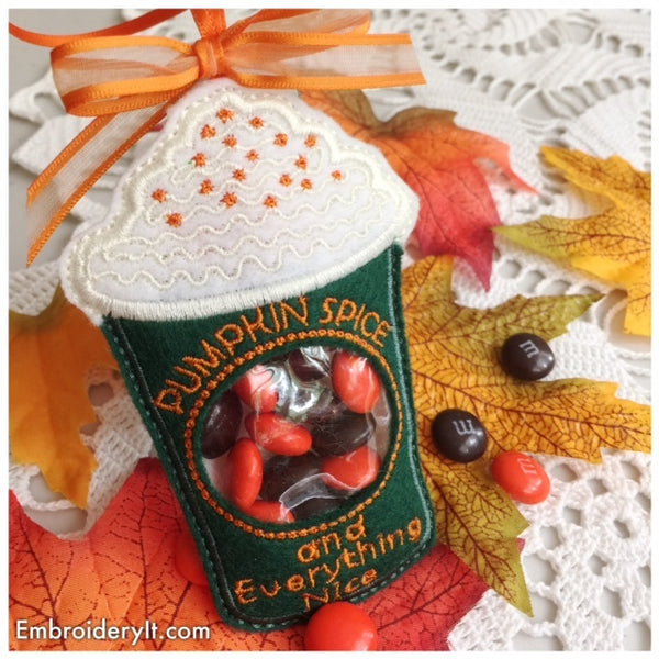 Machine embroidery latte candy holder design