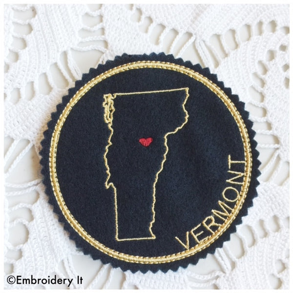 Vermont in the hoop machine embroidery coaster pattern