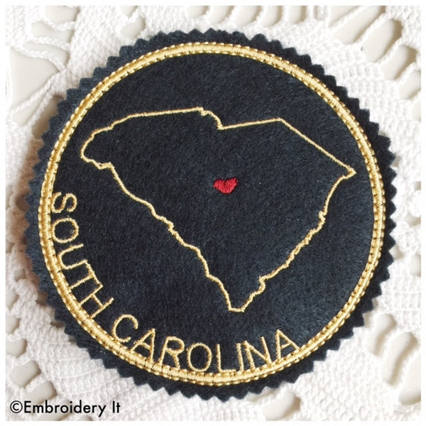machine embroidery in the hoop South Carolina coaster design