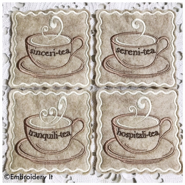 Inspirational teacups machine embroidery in the hoop coaster pattern