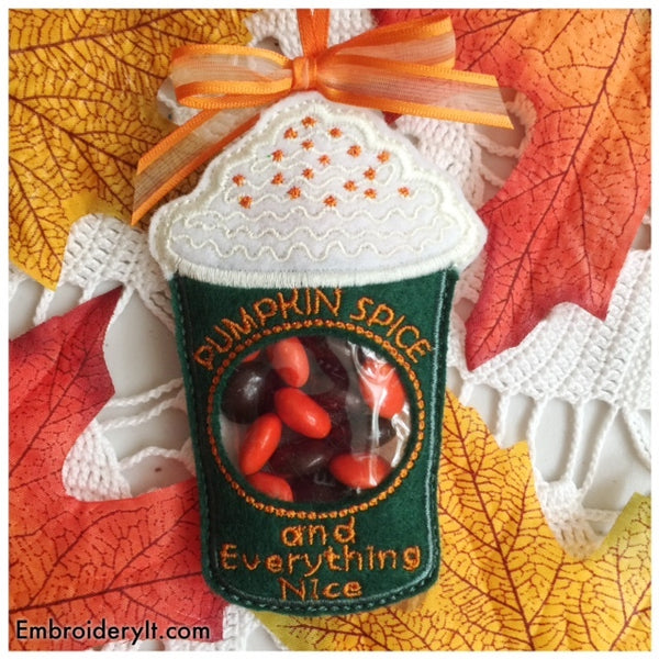 in the hoop machine embroidery pumpkin spice latte candy holder