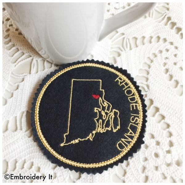 Machine embroidery Rhode Island in the hoop coaster design