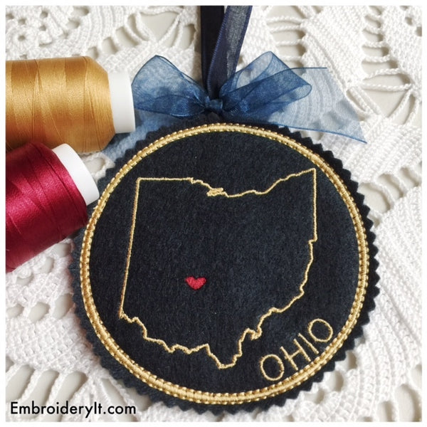 Machine embroidery Ohio Christmas ornament in the hoop pattern