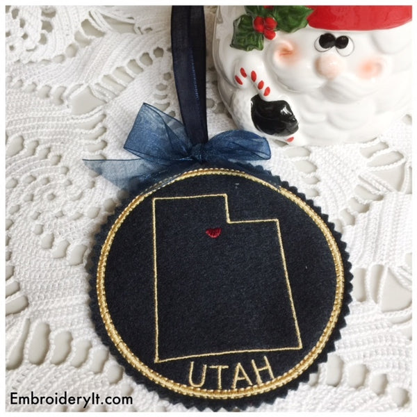 In the hoop machine embroidery Utah Christmas ornament design