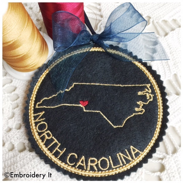 In the hoop North Carolina embroidery design Christmas ornament