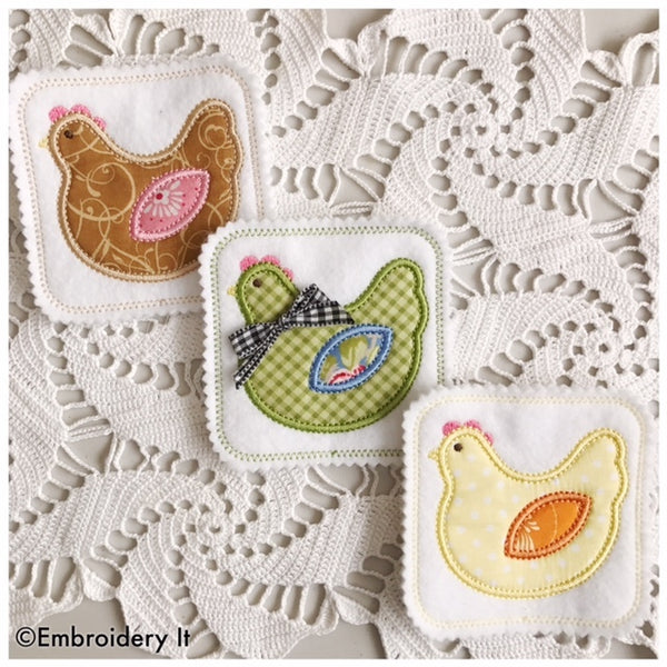 chicken applique coaster in the hoop machine embroidery design