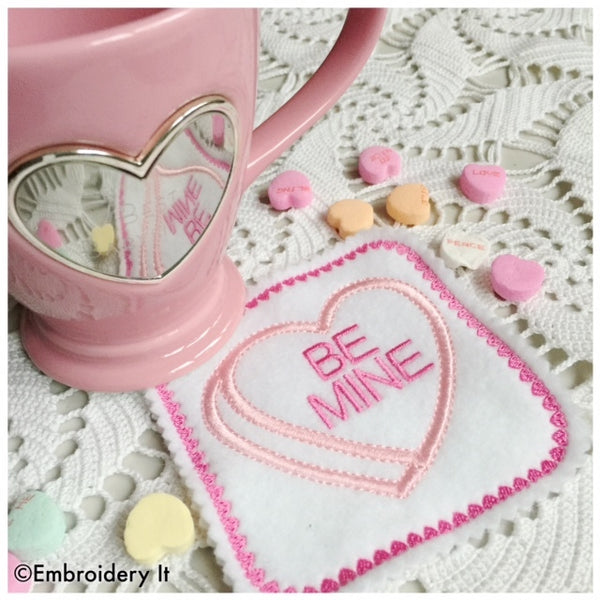 Machine embroidery in the hoop candy hearts coaster designs