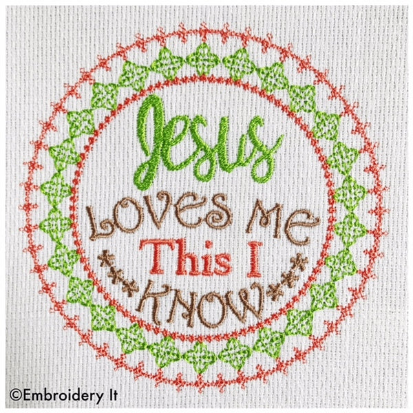 Machine embroidery word art Jesus loves me