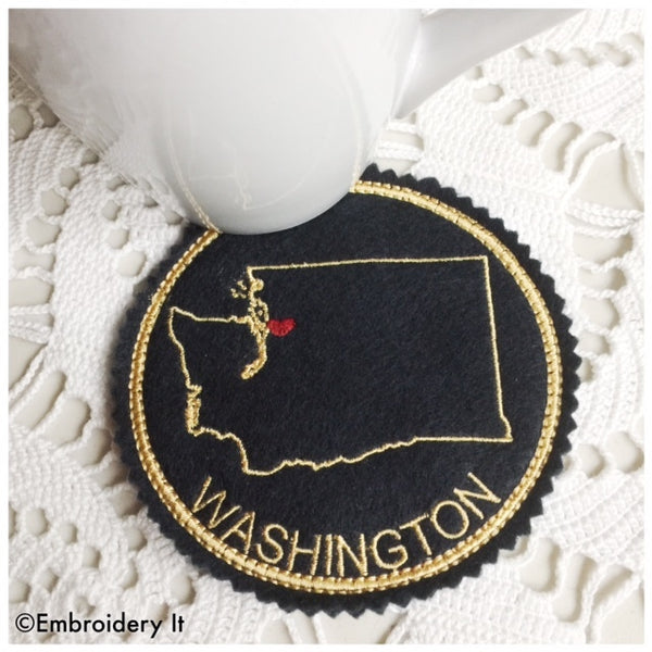 Machine embroidery Washington state in the hoop coaster