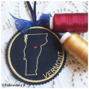 Vermont machine embroidery in the hoop Christmas ornament