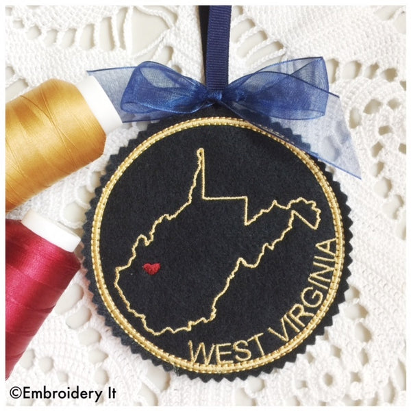 In the hoop West Virginia Christmas ornament machine embroidery design
