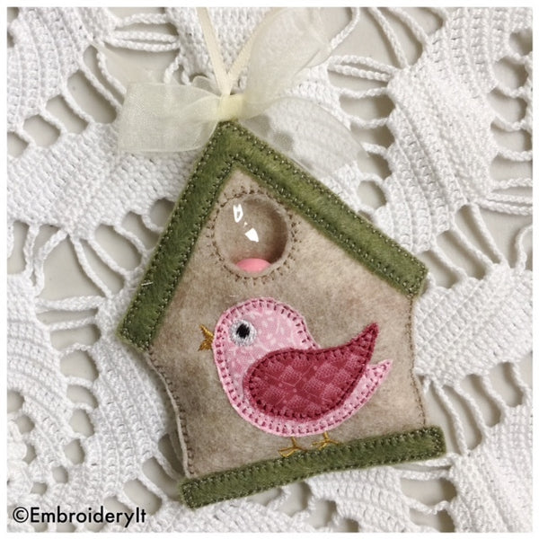 machine embroidery bird house candy holder