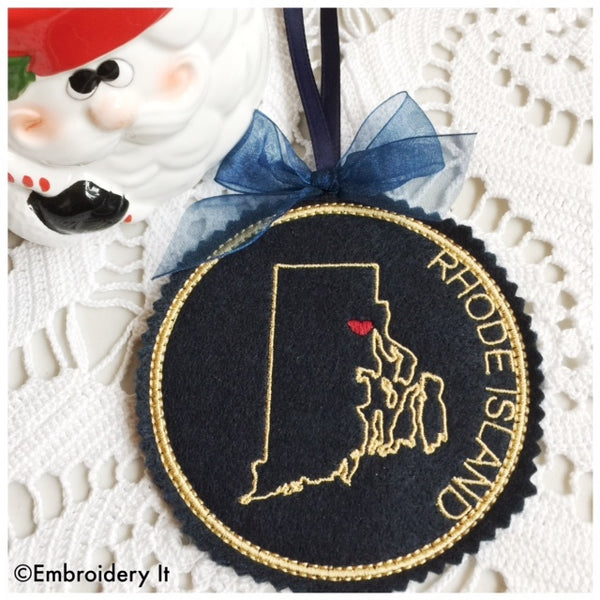 Rhode Island Christmas Ornament in the hoop machine embroidery design