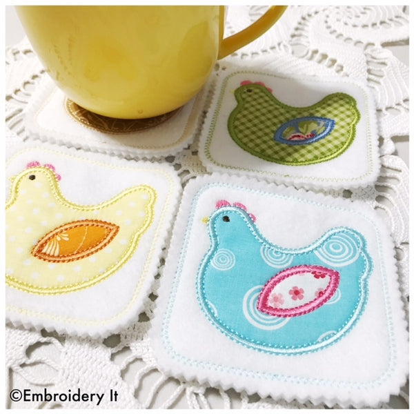 machine embroidery chicken in the hoop applique coaster
