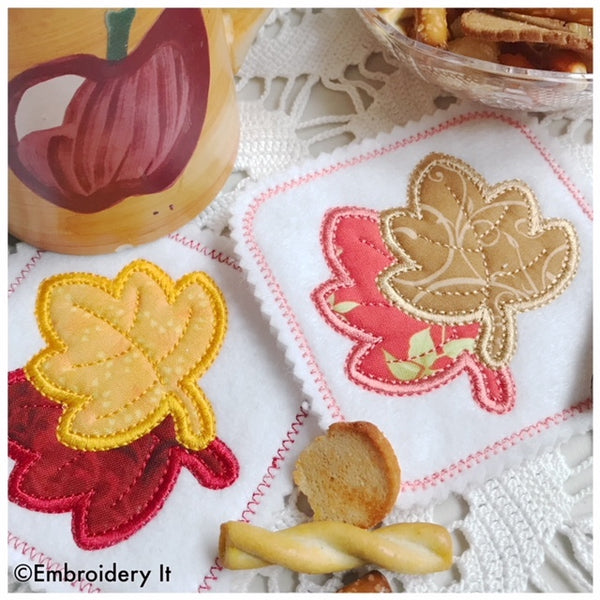 applique machine embroidery in the hoop maple leaf coaster