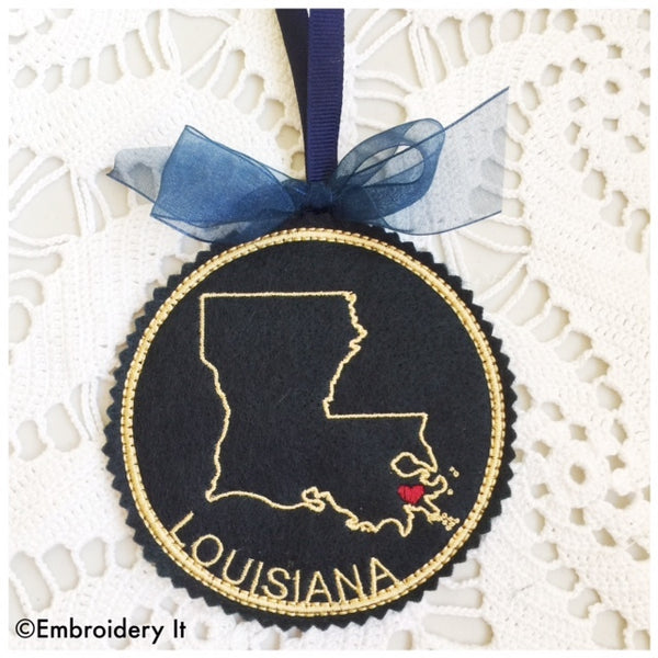 Machine embroidery I heart Louisiana ornament
