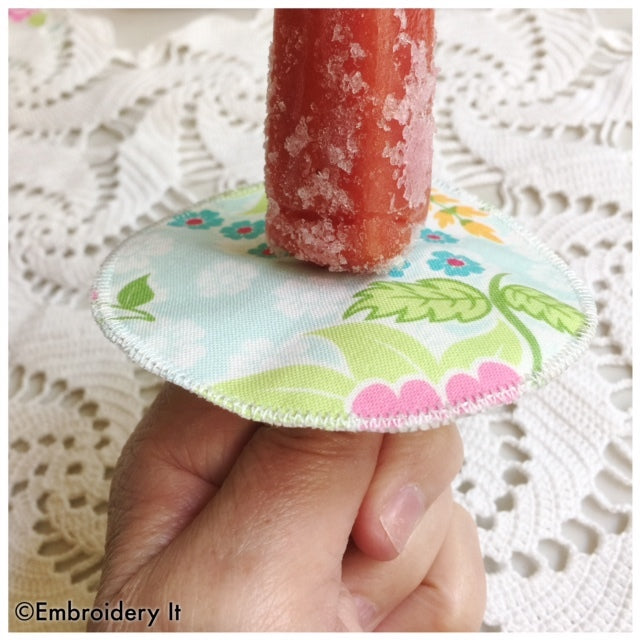 Machine embroidery in the hoop popsicle drip catcher