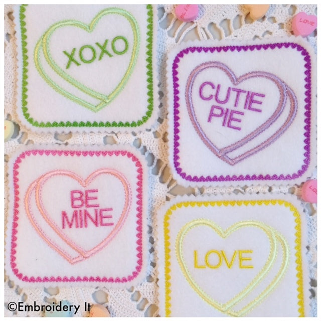 Valentine's day candy heart in the hoop machine embroidery coasters