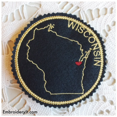Machine Embroidery in the hoop Wisconsin coaster