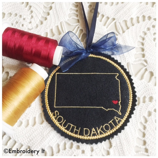 South Dakota machine embroidery in the hoop Christmas ornament
