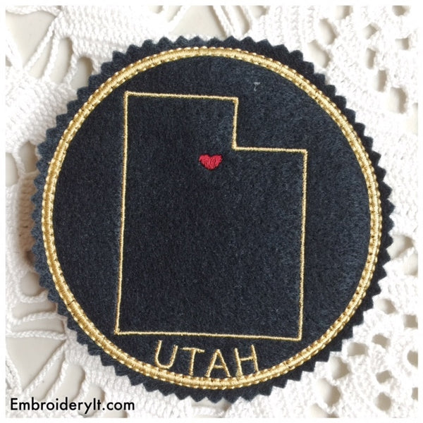 Utah in the hoop machine embroidery coaster design