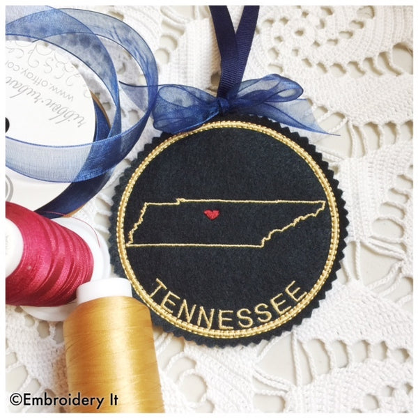In the hoop machine embroidery Tennessee Christmas ornament