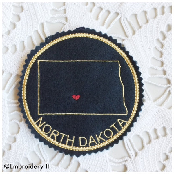 North Dakota machine embroidery pattern in the hoop coaster