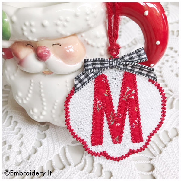 Free standing lace Christmas ornament and gift tag with applique monogram
